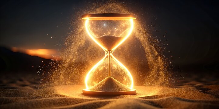 A glowing hourglass on a sandy surface, with golden particles swirling around it, symbolizing the passage of time and the beauty of fleeting moments at sunset