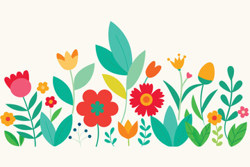 Cheerful Floral Border Colorful Cartoon Flowers and Teal Leaves on Light Beige Background