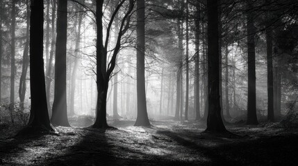 Naklejka premium a monochrome shot of a fogy spooky forest with sunlight silhouetting the tree trunks and branches no logos no brands ar 169