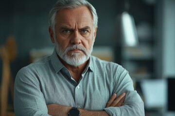 Portrait of a serious gray-haired old man with a beard, standing confidently in the office in a shirt, crossing his arms on his chest, looking at the camera with determination, Generative AI
