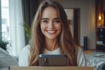 Woman smiling with a cardboard box and smartphone in a modern home interior, representing excitement and contentment with online shopping or deliveries, Generative AI