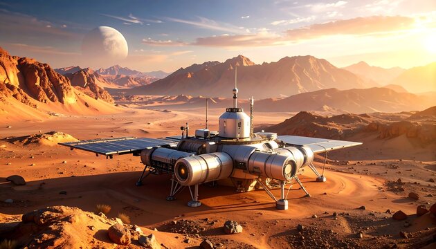 Martian lander at sunset