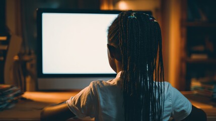 african teen school girl student virtual distance learning online classes looking at mock up white blank empty computer mockup monitor screen remote digital elearning at home back over shoulder view