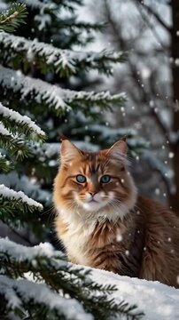 luffy cat with beautiful blue eyes stares at the white snow