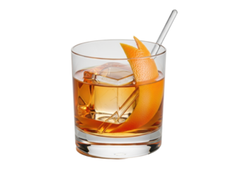 Sophisticated mezcal old fashioned cocktail in crystal glass with large ice, twisted grapefruit peel, and stirrer on a transparent studio background. Concept of premium beverage