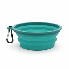 Collapsible teal silicone pet bowl with carabiner for travel