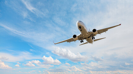 White passenger airplane flying in the sky amazing clouds in the background - Travel by air transport