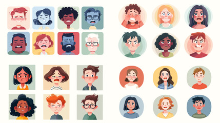 Collection of cartoon human faces with diverse expressions and emotions. Fun character illustration for psychology, communication, and creative projects.