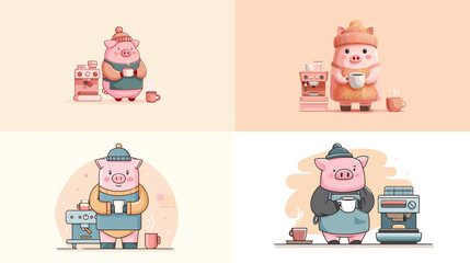 Fototapeta premium Cute cartoon pig baristas making coffee with mugs, machines, and milk cartons. Fun animal character illustration for café, barista, and coffee shop projects.