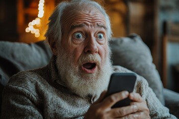 Close-up portrait of a worried senior pensioner man sitting at home on the sofa, holding his phone in his hand, looking at the camera in shock, holding his beard in distress, Generative AI
