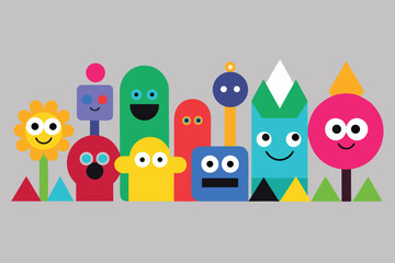 Fototapeta premium Colorful Geometric Cartoon Characters Flower, Monsters, and Shapes in a Whimsical Design on Gray