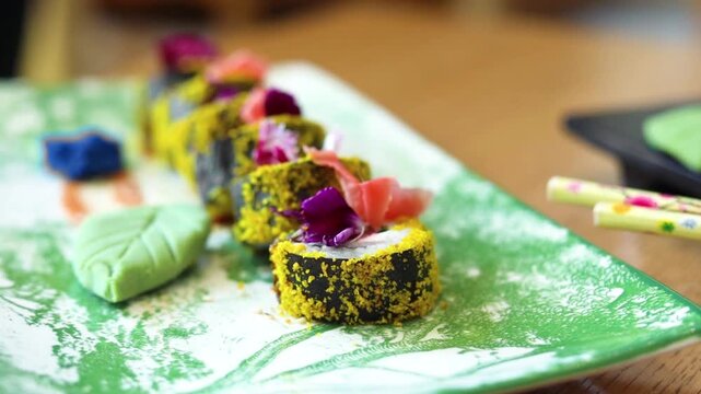 Sushi on platter with chopsticks wasabi and soy sauce on side