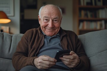 Portrait of a senior man, grandfather, at home, sitting on the sofa, using his phone, smiling at the camera with a joyful expression, reflecting a moment of personal connection, Generative AI