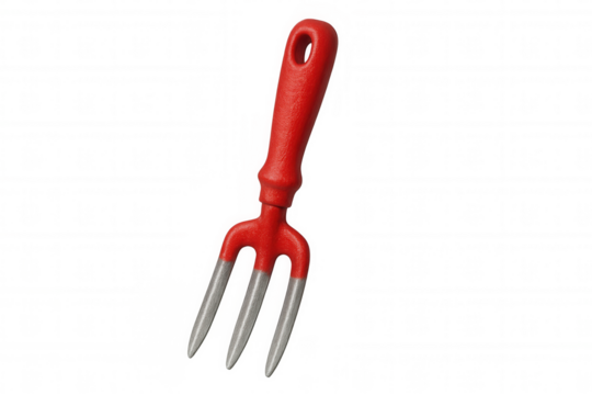 Red hand cultivator with metal tines isolated on transparent background, ideal for gardening and planting