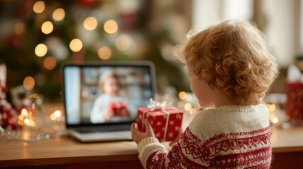family video call with kid presenting gift by remote chat laptop computer screen on merry christmas table holiday background xmas online virtual family party celebration happy new year videocall no l