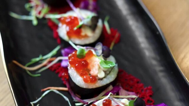 Sushi on platter with chopsticks wasabi and soy sauce on side