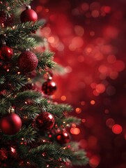 decorated christmas tree with red baubles and glowing bokeh lights on a red background for festive holiday greeting and winter celebration themes