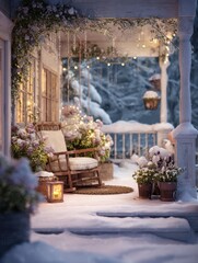 Fototapeta premium cozy winter porch scene with snowcovered plants warm lighting and inviting textures perfect for holiday or winterthemed projects white home decor architecture