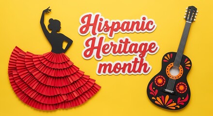 Hispanic Heritage Month celebration featuring a dancer and guitar on a vibrant yellow background