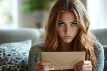 Woman receiving bad news in an envelope, looking concerned while sitting on a couch in a modern home, reflecting worry or disappointment over an unexpected situation, Generative AI
