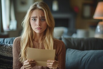 Woman receiving bad news in an envelope, looking concerned while sitting on a couch in a modern home, reflecting worry or disappointment over an unexpected situation, Generative AI