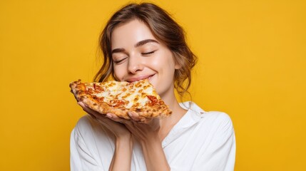 photo of teenager enjoys delicious slice of pizza likes this taste closes eyes from pleasure has good appetite dressed in casual white shirt isolated over yellow background hungry woman indoor no log
