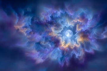 Obraz premium Mystical Moonlit Clouds Abstract art of a full moon in a swirling dreamscape.