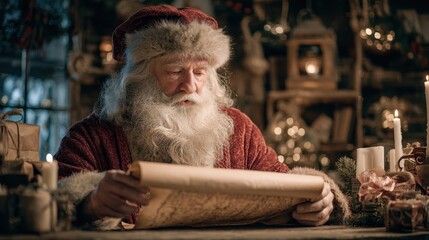 happy old bearded santa claus wearing hat holding parchment roll reading christmas wish list sitting at cozy home workshop table late with presents tree and candles preparing for holiday on xmas eve 