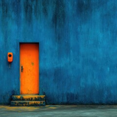 Orange door on a vibrant blue wall
