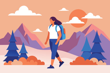 Flat Illustration of a Woman Hiking Through a Mountain Landscape with Trees