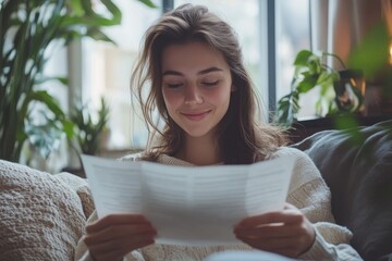 Happy woman reading a letter while sitting on the sofa at home, symbolizing joy and positive emotions from receiving good news, Generative AI