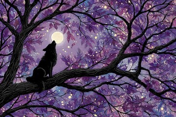 Mystical Wolf Howling at the Moon in a Purple Forest with Fairy Tale Night.