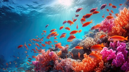 A vibrant underwater scene with colorful coral reefs and a school of orange fish swimming in clear blue water illuminated by sunlight