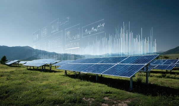 Solar panels on a field, overlaid with data visualizations