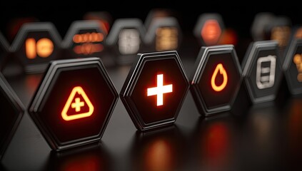 Close-up of glowing hexagonal icons.  Dark background.  Medical, hazard, and utility symbols
