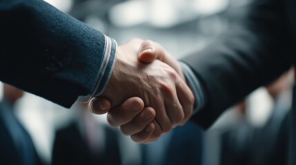 Two people in business attire shaking hands, symbolizing agreement, partnership, or a successful deal in a professional setting