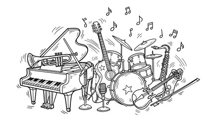 Musical Instruments Collection with Piano, Guitar, Drums, and Brass on Isolated White Background © shankara