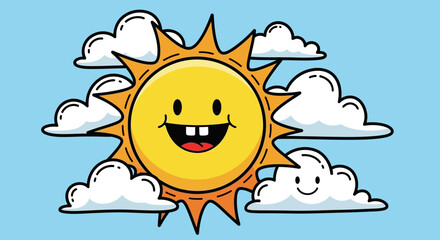 Happy Smiling Cartoon Sun with Fluffy Clouds in a Bright Blue Sky Background