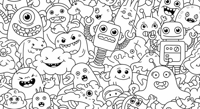 Playful Crowd of Diverse Cute Monster Characters in Doodle Style on Isolated White Background