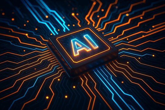Futuristic Artificial Intelligence Processor Chip with Glowing Digital Circuit Connections, High-Tech Neural Network Visualization, Next-Gen Technology Background
