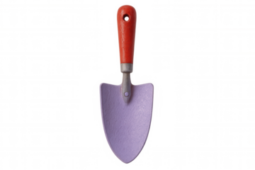 3d rendering of a gardening trowel featuring a red handle and a purple blade, isolated on a transparent background