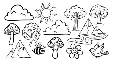 Cute Nature Landscape Elements Collection on Isolated White Background