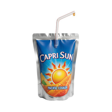capri sun pacific cooler juice pouch with straw on white background