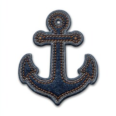A denim anchor patch with detailed stitching, featuring blue fabric and orange thread, symbolizing nautical themes on a white background