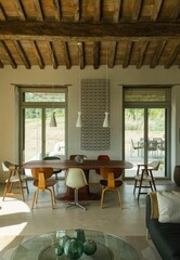 "Rustic Dining Room with Wooden Table and Fireplace"