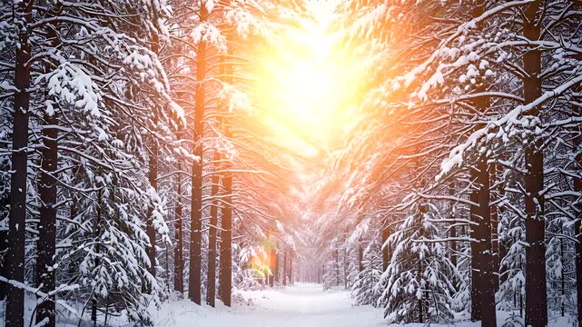 Serene Snowy Forest Path at Sunset: A Winter Wonderland Journey through Pine Trees