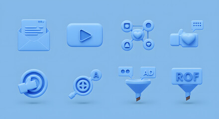 A collection of minimalist blue 3D icons representing key concepts in digital marketing, including email, video, social media engagement, SEO, and sales funnels