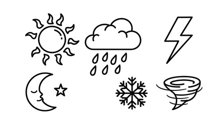 Weather Icons Set with Sun, Moon, Rain Cloud, Lightning, Snowflake, and Tornado on an isolated white background