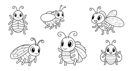 Cute Cartoon Insects Set on an isolated white background, a collection of friendly bugs