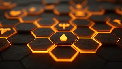 Close-up of glowing hexagonal grid, a drop icon prominent in center